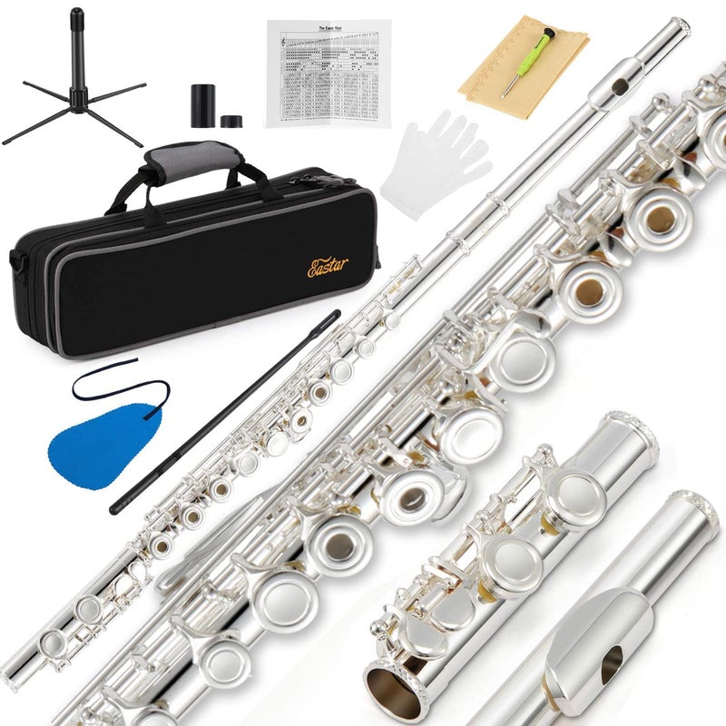 Eastar Open Hole 16 Keys Flute for Beginner Kids Student with Fingering Chart, Cleaning Kit, Stand, Case, Gloves, Tuning Rod, Silver, EFL-2 - Image 1
